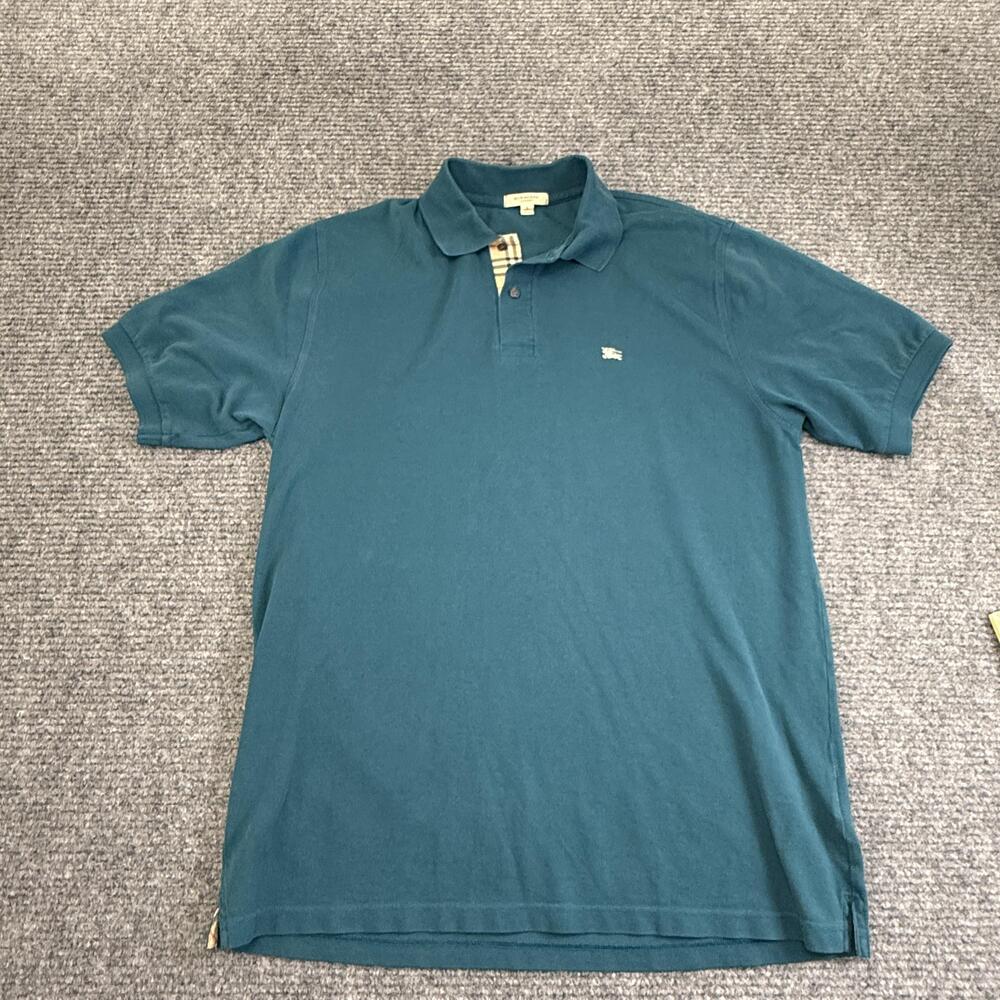 Burberry London Polo Shirt Mens Large Blue Green Solid Cotton Knit Logo Casual